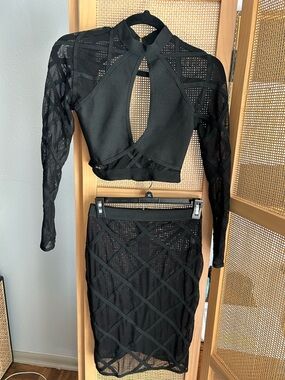 Fashion Nova Black Mesh Lattice Pencil Skirt Set